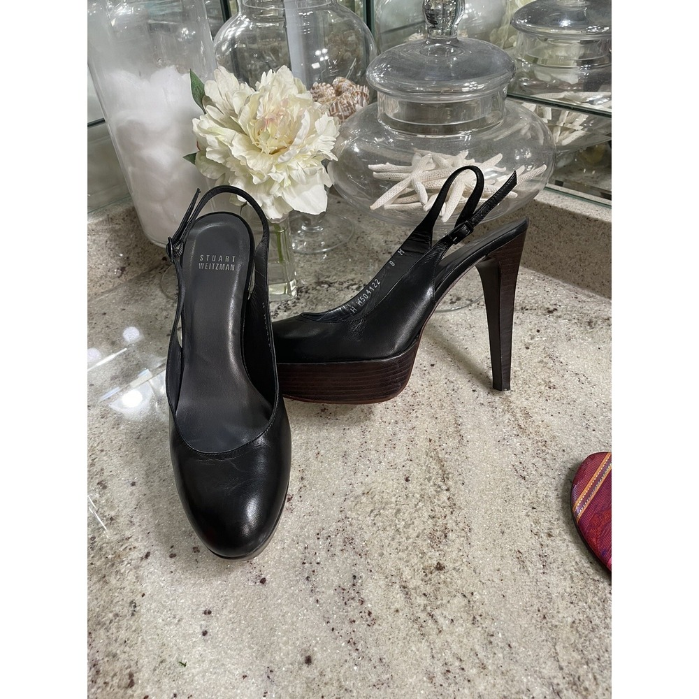 Stuart Weitzman Black Leather Platform Round Toe Slingback Heels 8M W504122